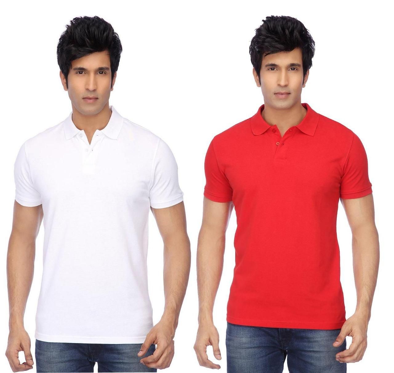 Cotton Blend Solid Half Sleeves Mens Polo Neck T-Shirt (Pack of 2)